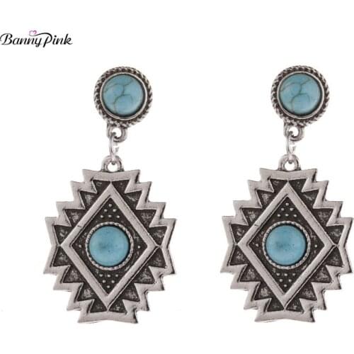 Banny Pink Ethnic Geometric Turquoises Earrings For Women Retro Metal Natural Stone Stud Earrings Gift