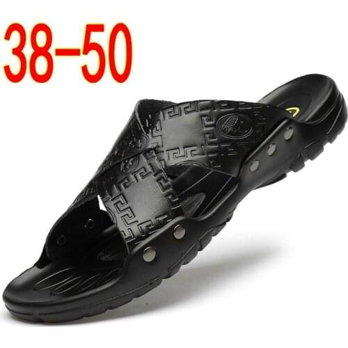 Slippers men leather slides mens summer High Quality sandals 2021 slip on lightweight breathable black