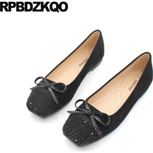 Knot Chinese Red Wine Large Size Dress Ladies Plaid Square Toe Japanese Ballerina Bow Flats Suede Wedding Ballet Shoes Women