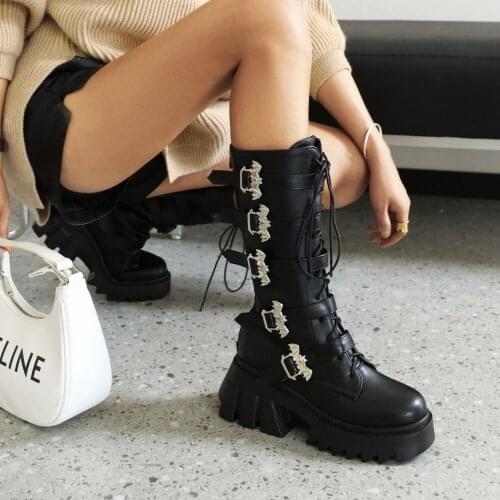 Womens Mid Calf Boots Belt Bat Wings Buckle Platform Chunky High Heel Shoes Lace Up Black Punk Motorcycle Sexy New 2022