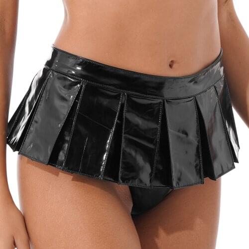 Womens Wetlook Patent Leather Mini Skirts Front Zipper Sexy Bodycon Skirts for Night Club Pole Dancing Ladies Party Clubwear