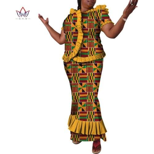 2021 New African Print Skirt Set for Women Customized Short Sleeve Top+Ankle Length Mermaid Skirt 2 Pieces Set Plus Size WY3171