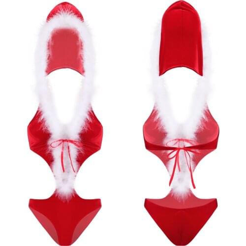 Women Christmas Costume One-Piece Soft Velvet White Feather Trim Plunging V Neck Backless Hooded Leotard Bodysuit Sex Nightwear