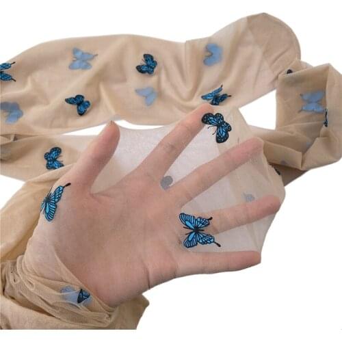 066C Women Girls Blue Butterfly Print Pantyhose Summer See-Through Ultra-Thin Silky Tights Japanese Lolita Seamless Stockings