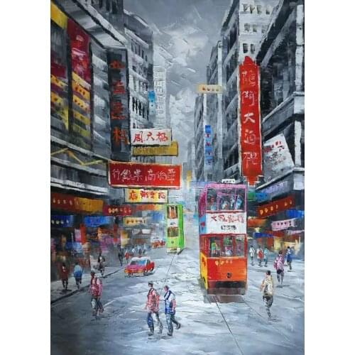 100%Hand Painted Canvas Knife Oil Painting Abstract Hong Kong Trams Street Canvas Painting Wall Art Picture for Home Decoration