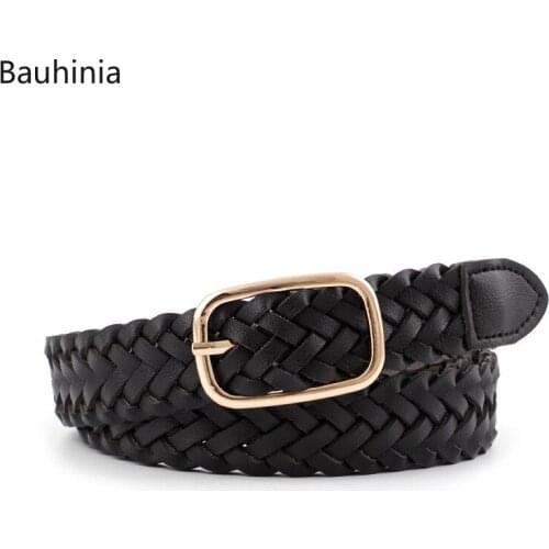 2.3cm thin belt Golden square pin buckle belt Womens artificial Leather Braided belt new fashion causal jeans dress waistband
