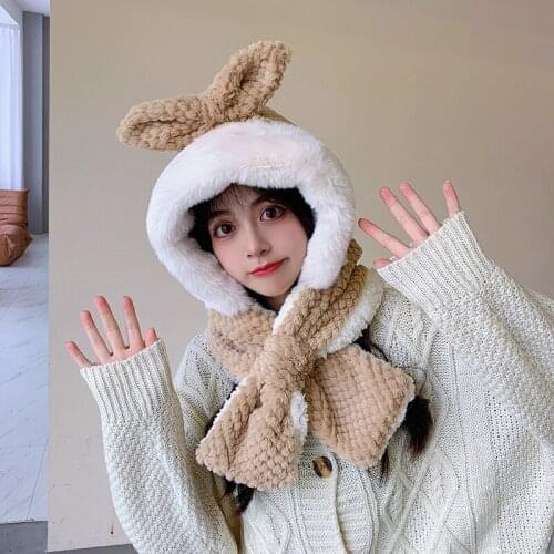 2021 fashionWomen Cute Bunny Fluffy Plush Earflap Hat with Moving Jumping Rabbit Ears Thicken Warm Beanie Cap Neck Warmer Scarf