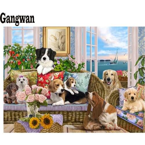 5D DIY Diamond painting Cross stitch dogs Animal family party Full round Diamond embroidery full square Diamond mosaic puppies