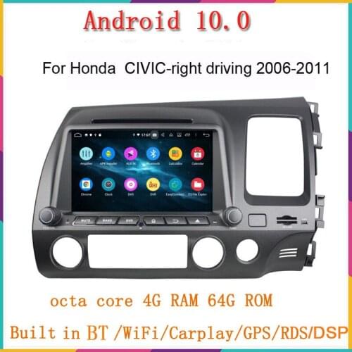 8" octa core 4g ram 64g rom Android 10 car dvd gps player for honda CIVIC right driving 2006-2011 with gps navigation BT wifi