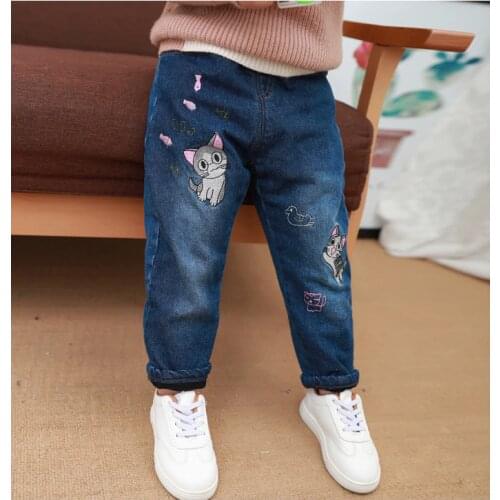 2 3 4 5 6 7 8 Y Girls Jeans Cartoon Print Thicken Casual Denim Pants for Girls Kids Jeans Elastic Waist Children Trousers Winter