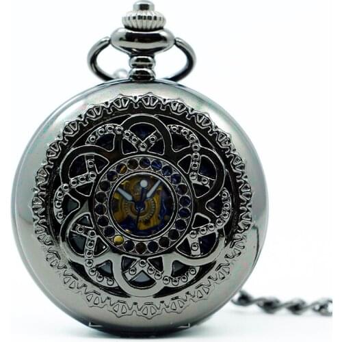 Hot Sale Hollow Case Flower Design With Roman Number Skeleton Mechanical Pocket Watch With Fob Chain