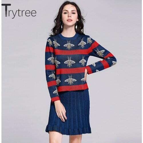 Trytree Autumn Winter Woman Two Piece Set Casual Embroidery Bee Sweater + Elastic Waist Skirt Knitted High Street 2 Piece Set