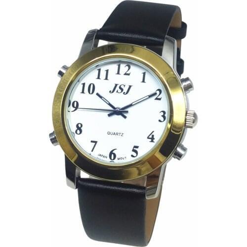 German Talking Watch w/Alarm for Blind People or Low Vision, White Dial,Black Leather Band,Deutsch Sprechende Armbanduhr