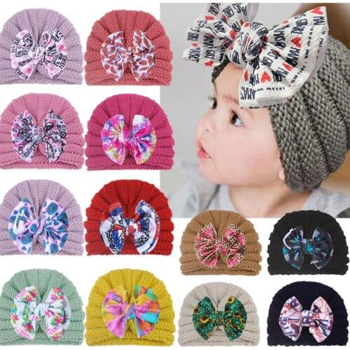 New Hot Infant Plain Caps Newborn Tie Dye Fruit Flower Bow and Knitted Winter Hats Beanie for 0-9M Baby Girl Boy