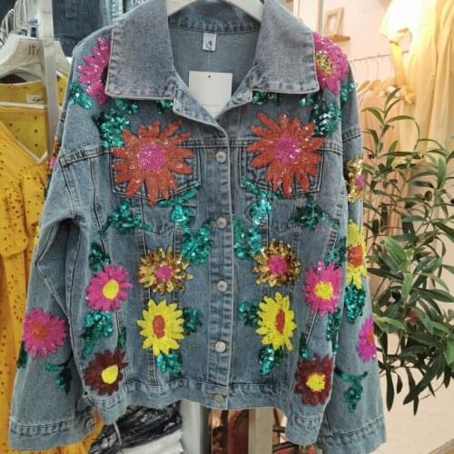 Autumn and winter new fashion brand custom hand-embroidered sequined sunflower loose high street womens denim jacket