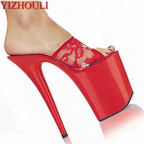 Summer women 20 cm high heels, lace uppers 8 inches sweet party pole dancing performance slippers