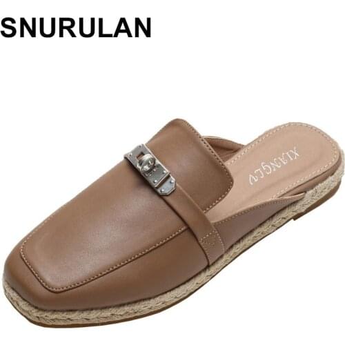 SNURULAN2021 Summer Baotou Sandals PU Leather Fashion Casual Sandals Ladies Flat Slippers Comfortable Soft Sole Large Size Shoes
