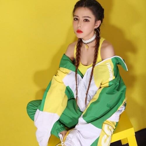Hip Hop Dance Costumes Woman Stand Collar Green Coat Long Sleeve Jacket Female Dancer Festival Stage Performance Clothes DT696