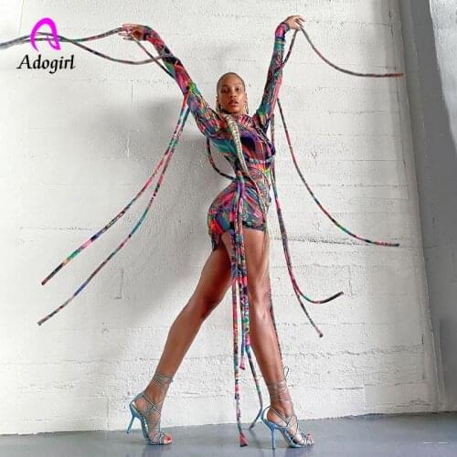 Tie Dye 2021 Long Sleeve Turtleneck Ribbon Print Bandage Mesh Mini Dresses Spring Summer Women Fashion Streetwear Outerwear