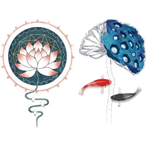 Chinse Style Flower Lotus DIY Heat Transfer Patch Iron-on Patches For Clothing T-shirt Decoration Heat Press Appliqued Sticker