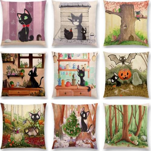 Happy Adventure Interesting Black Cat Cute Kitty Cartoon Little Mouse Funny Kitten Fox Stars Cushion Cover Sofa Pillow Case