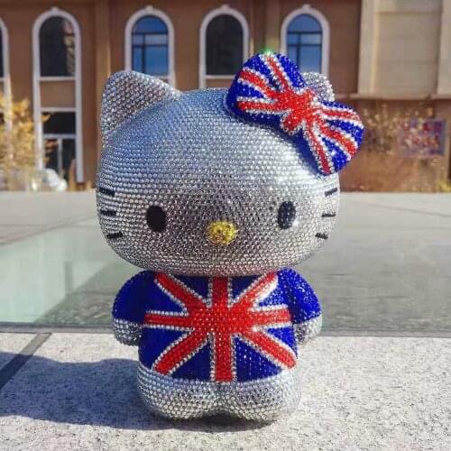 All Rhinestones UK Flag Helloo Kitty Figurine Cats Piggy Bank Desk Decoration for Home Kawaii Accessories Kids Gifts Coin Box
