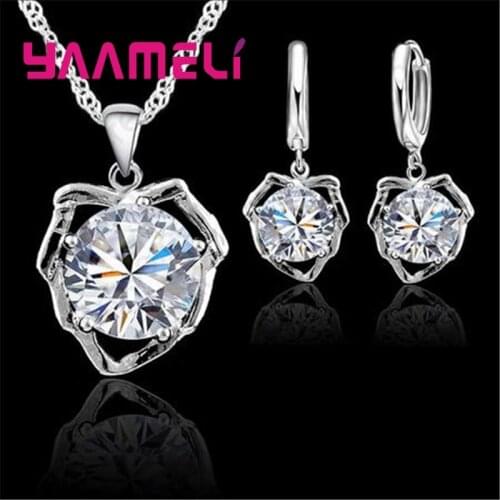 High quality Fine Jewelry Sets pure 925 Sterling Silver Cubic Zirconia Necklace Pendant Earrings Wholesale