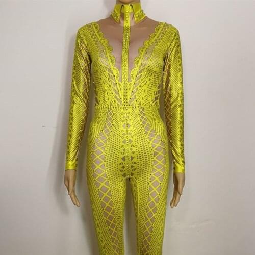 Yellow Black White Lace Pattern Printed Jumpsuit Rhinestones Bodysuit Costume Stage Outfits Singer Dancer Performance Rompers