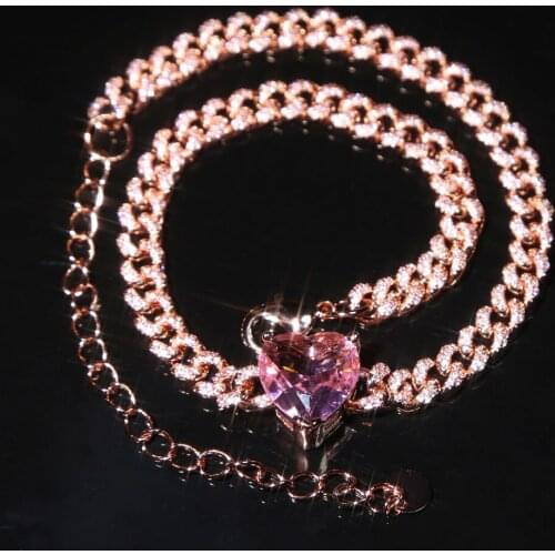 Rose gold filled iced out bling hip hop women charm jewelry geometry Heart arrow cz cuban chain with pink cz choker necklaces