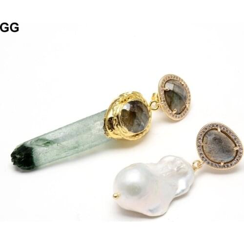 GuaiGuai Jewelry Natural Cultured White Keshi Pearl Green Flourite Labradorite Raw CZ Stud Dangle Earrings For Women