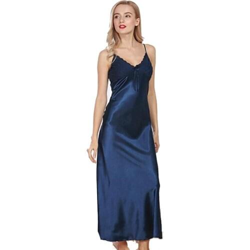 Womens Spring and Summer Imitation Silk Sleep Long Paragraph Split Sexy Sling Sleep Dress ladies silky sleepshirts Nightgowns