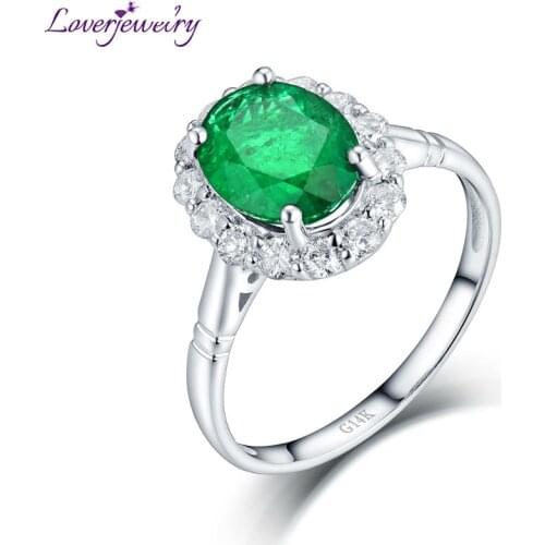 LOVERJEWELRY Unique Fine Jewelry Design Solid 14K White Gold Oval Shape Genuine Emerald Wedding Rings for Women Diamond Gift