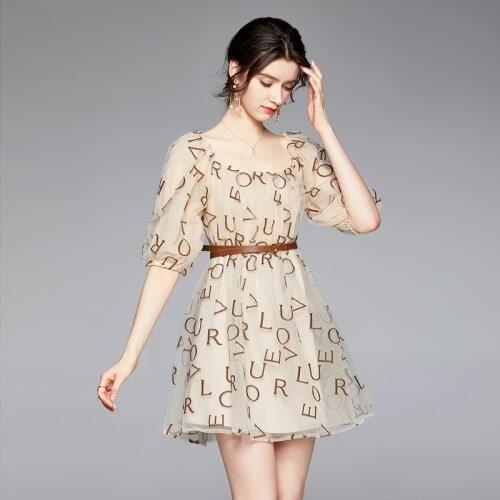 Summer Net Yarn Letter Embroidery Short Dress Women Square Collar Puff Sleeve French Mesh Embroidered Dress With Belt k6186