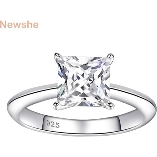 Newshe Solid 925 Sterling Silver Wedding Engagement Ring For Women 7*7mm Princess Cut CZ Imitation Diamond Minimalist Jewelry