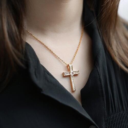 New Arrival 585 Rose Gold Cross Pendant Necklace for Women Girls Clear Cubic Zircon Rolo Cable Link Chain Jewelry 20inch HGP409