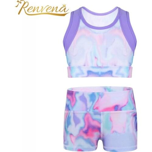 2pcs Kids Tracksuits Girls Tie-Dye Sportswear Childrens Colorful Sets Tanks Crop Top + Shorts Girl Ballet Gymnastics Dancewear