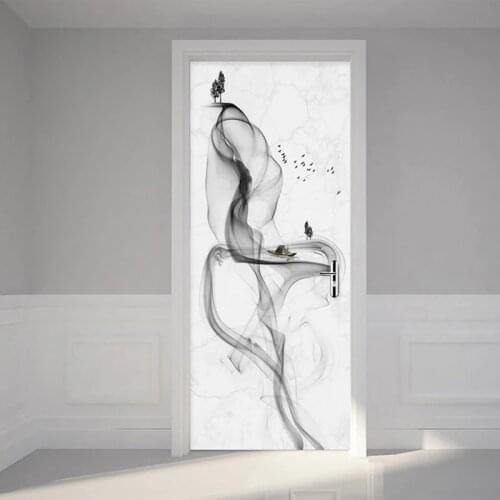 3D Door Sticker Wallpaper Black White Abstract Smoke Waterproof Self-adhesive Door Mural Wall Decals Modern Living Room Bedroom