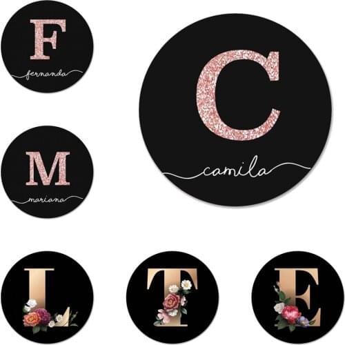 ABC Name Letter Monogram Pink Glitter Icons Pins Badge Decoration Brooches Metal Badges For Clothes Backpack Decoration 58mm