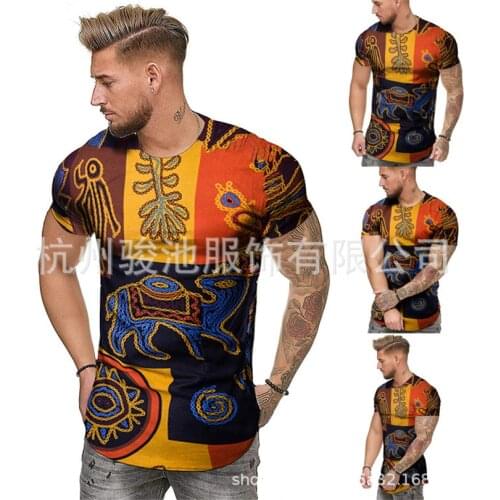 African Clothes Fashion Mens Summer Slim Fit African Print O-Neck Short Sleeve Shirt dashiki