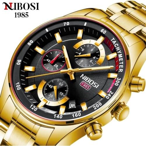 NIBOSI Gold Men Watches Fashion Top Luxury Brand Wrist Watch Waterproof Chronograph Quartz Clock Mens Gift Relogio Masculino