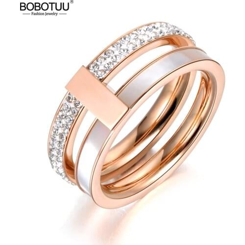 BOBOTUU Rose Gold Color 2 Layers Rhinestone & Shell Wedding Rings Jewelry Stainless Steel Engagement Ring Drop Shipping BR18048