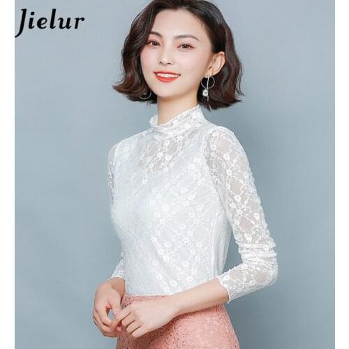 Jielur New Autumn Winter T-shirt Women Lace Solid Color Chic Slim Tshirt Korean O-neck Tee Tops Basic Primer Embroidery T Shirt