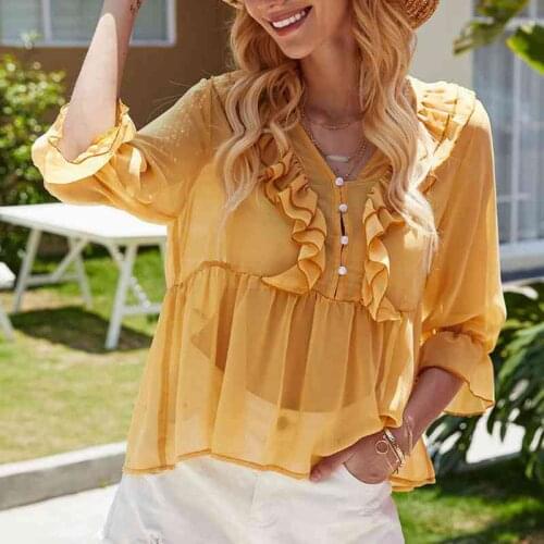 Summer Solid Color V-Neck Female Cover Meat Lantern Sleeves Loose Doll Shirt Waist Casual Women Tops XL Size
