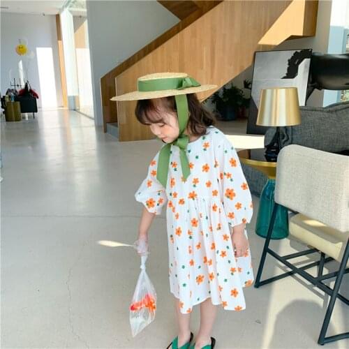 New 2021 Spring and Autumn Baby Girls Printed Dresses Puff Sleeve Korean Style Kids Costumes Children Chic Dresses