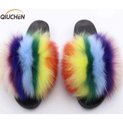 QIUCHEN NEW ARRIVAL Fashion Girls slippers with real fox fur high quality fox fur slippers Free shipping