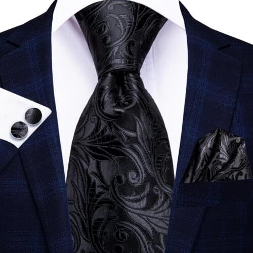 Hi-Tie Black Floral Solid Silk Wedding Tie For Men Handky Cufflink Gift Necktie For Men Fashion Design Business PartyDropshiping