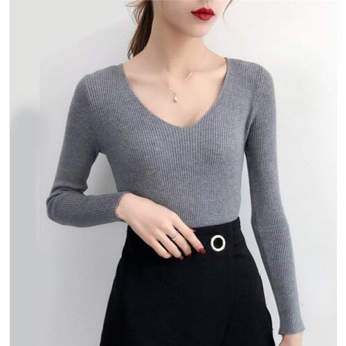 JMPRS Sexy V-neck Women Pullovers Sweater Autumn Winter Korean Style Knitted Jumper Fashion Casual Ladies Warm Basic Top 2021