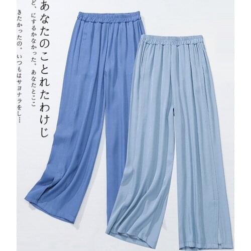 Wide Leg Trousers Women 2021 Spring Summer Blue Loose Casual Elastic Waist Plus Size Cotton Linen Pants Womens Harem Pants