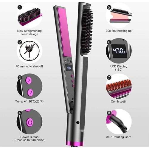 2 in 1 Hair Straightener Flat Iron Comb Fast Curler Constant Temperature Fast LCD Heating Display Flat Iron Curler Hairdressing