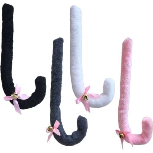 Japanese Adult Kids Cosplay Anime Lolita Costume Fluffy Plush Long Cat Tail with Ribbon Bowknot Bell Masquerade Halloween Party